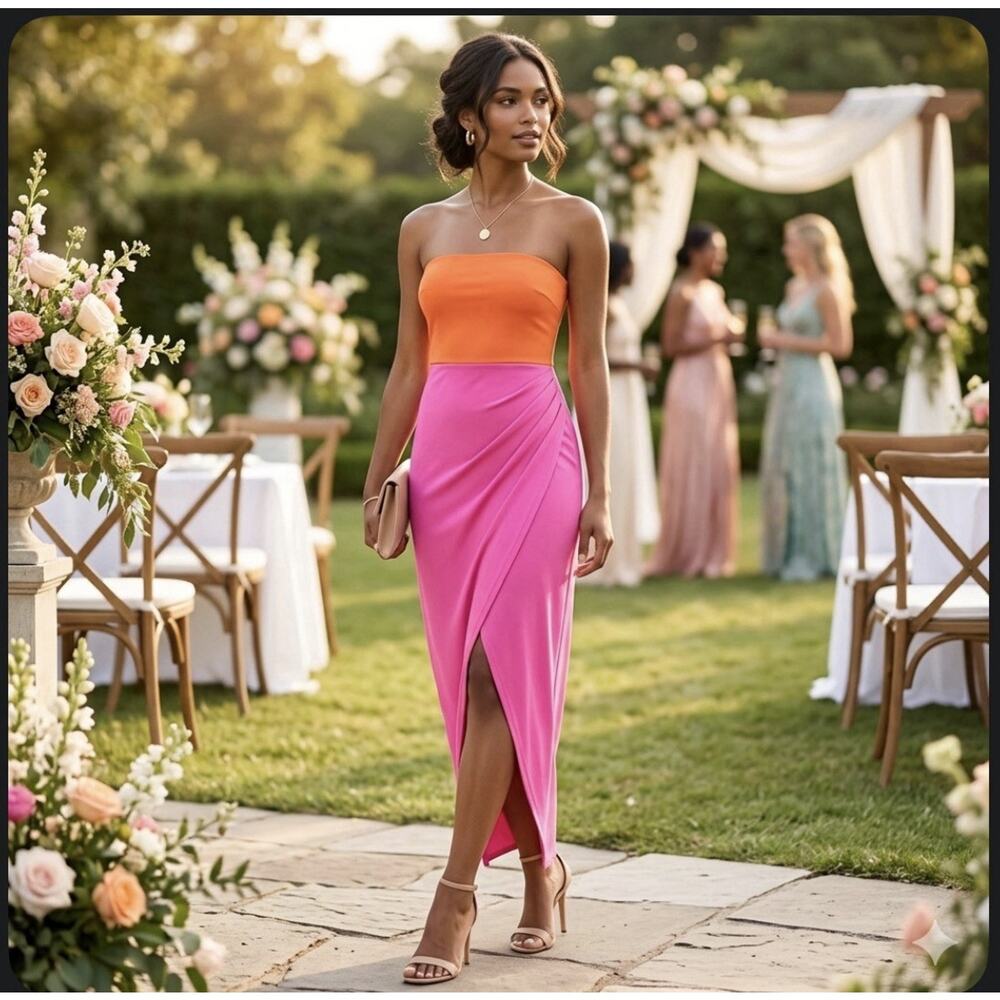 Vibrant Pink/Orange Color Block Tube Dress faux-wrap, tulip-hem Stretch Slim S